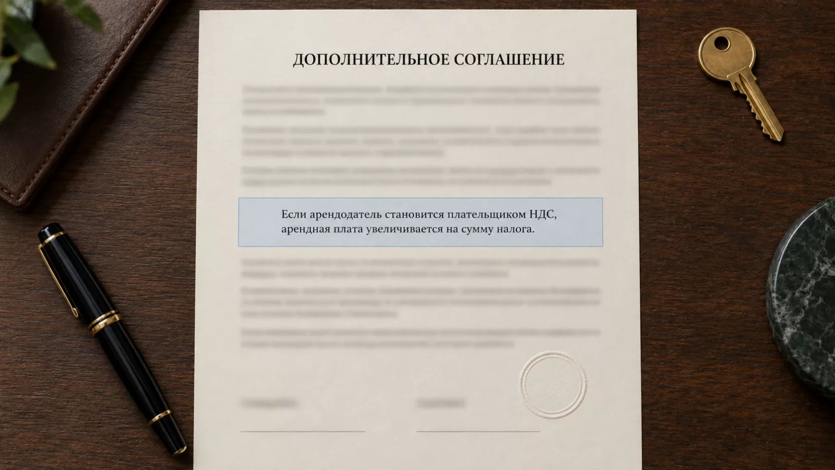 Дополнительное соглашение к договору аренды с выделенным пунктом о росте арендной платы на сумму НДС, рядом ручка и ключ
