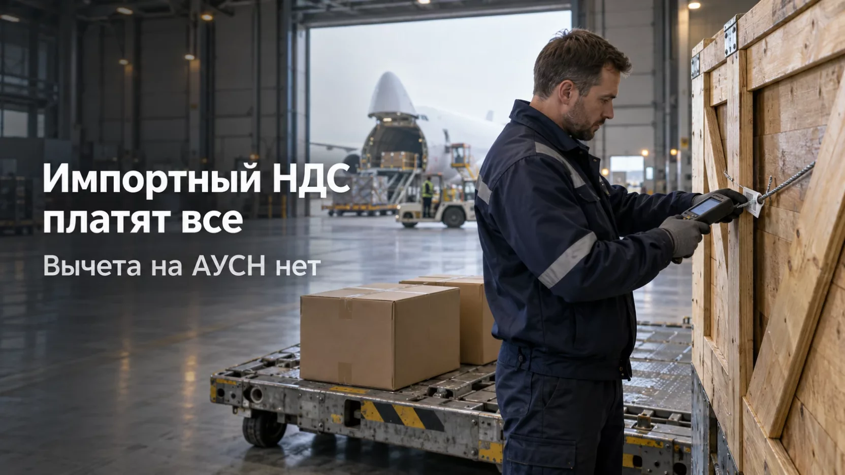 Сотрудник грузового терминала сканирует ящик у самолёта, надпись на снимке о том, что импортный НДС платят все, а на АУСН его не вычесть