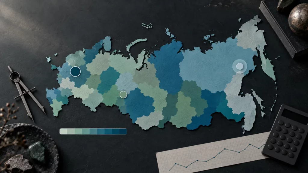 Бумажная карта России с регионами в оттенках синего и зелёного, рядом цветовая шкала, циркуль, калькулятор и лента с графиком