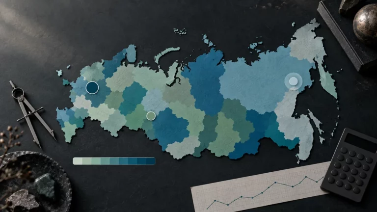 Бумажная карта России с регионами в оттенках синего и зелёного, рядом цветовая шкала, циркуль, калькулятор и лента с графиком