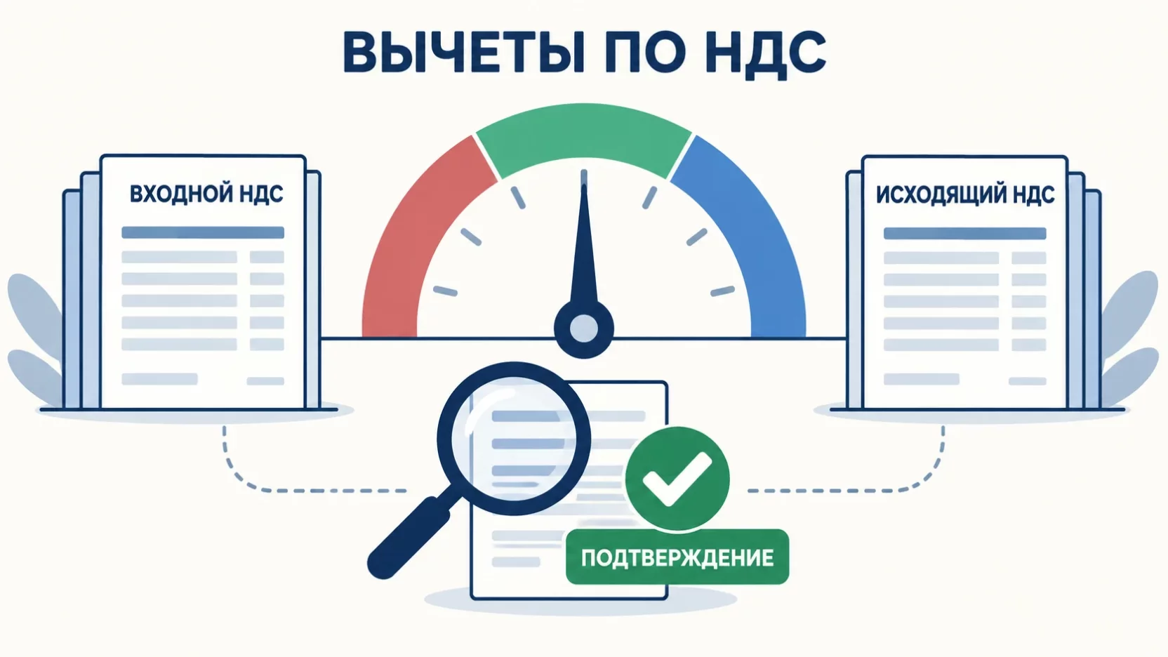 Инфографика: шкала вычетов по НДС между входным и исходящим НДС, стрелка в зелёной зоне, внизу лупа над документом с подтверждением