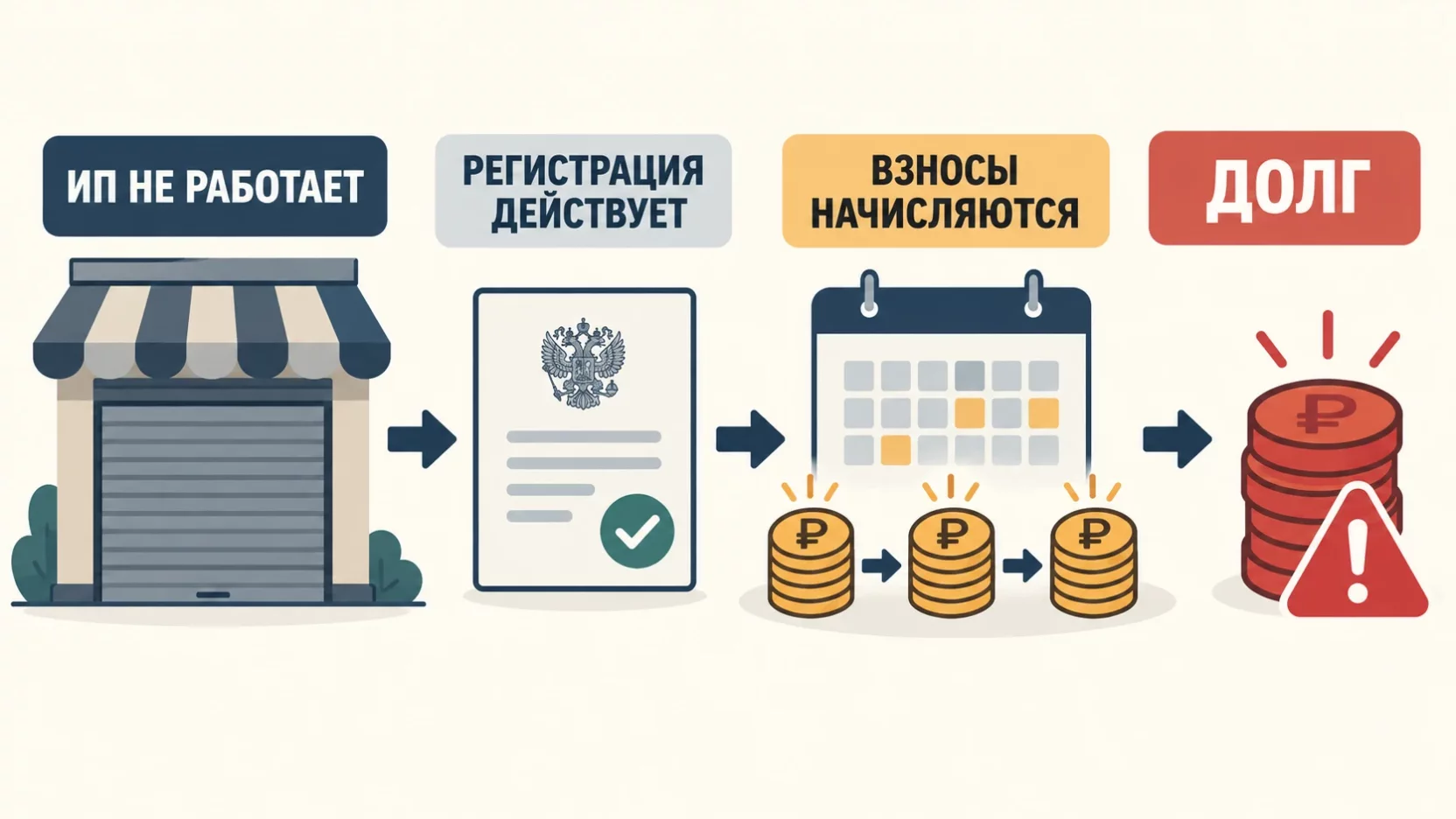 Инфографика: ИП не работает, но регистрация действует, взносы начисляются и копятся в долг