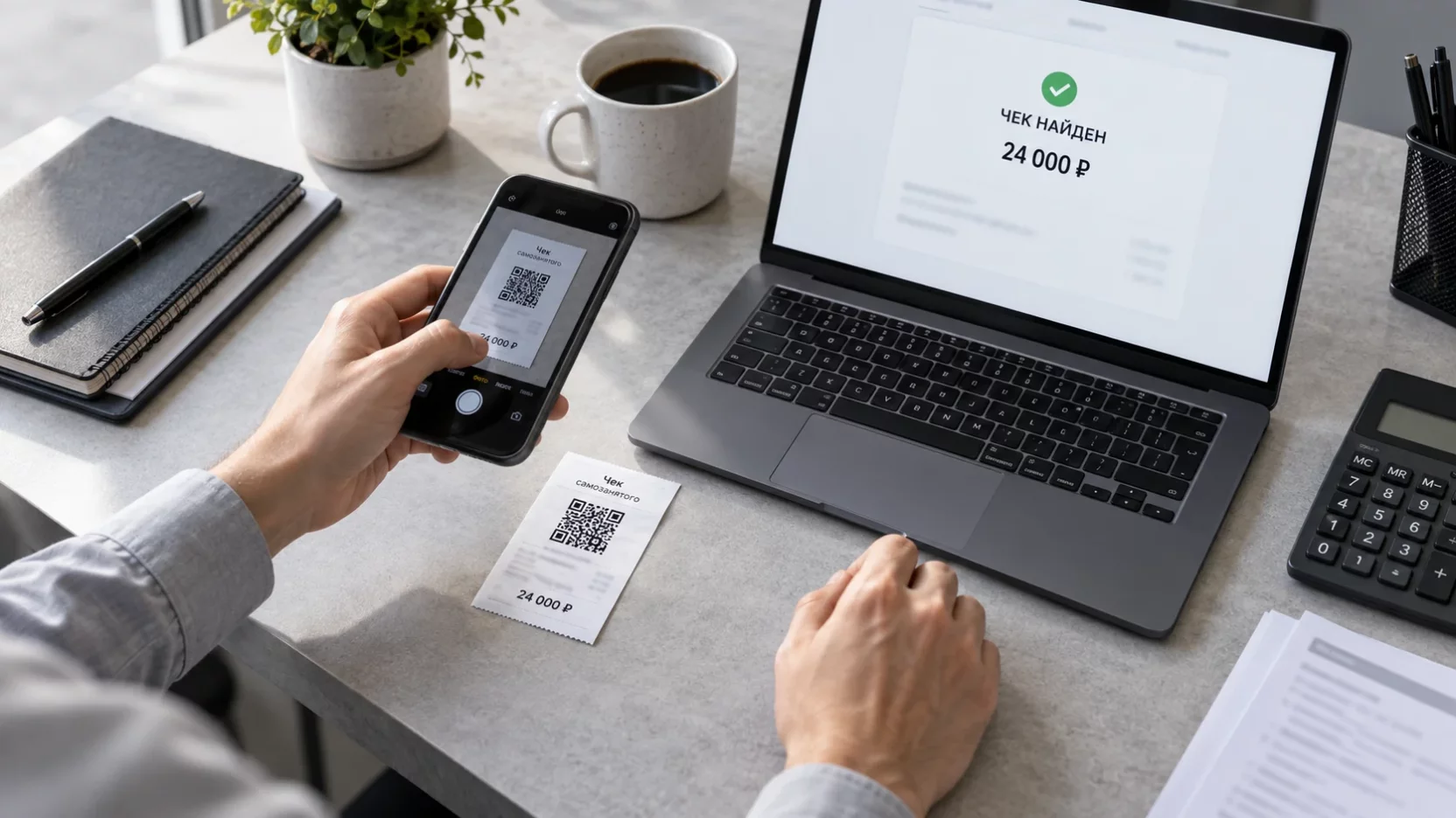 Руки бухгалтера наводят смартфон на QR-код чека самозанятого рядом с ноутбуком, где открыта страница проверки