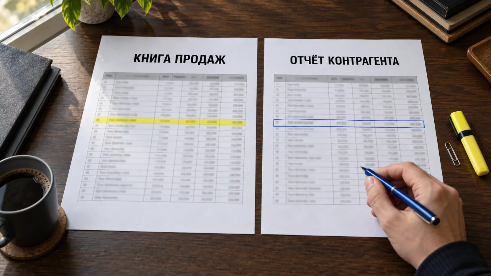 Распечатка книги продаж и отчёт контрагента на столе, несовпадающая строка отмечена маркером