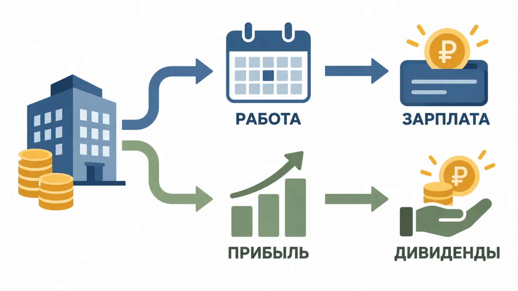 Инфографика: два пути денег из компании к собственнику, через работу в зарплату и через прибыль в дивиденды