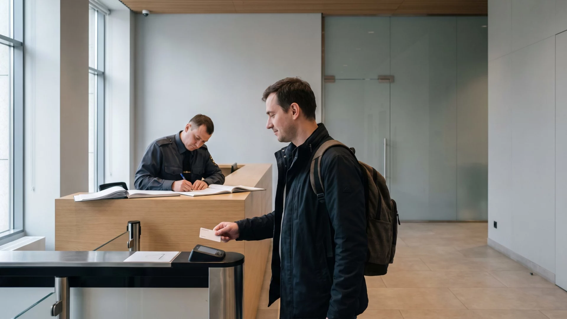 Мужчина прикладывает пропуск к турникету в холле офиса, охранник за стойкой отмечает проход в журнале