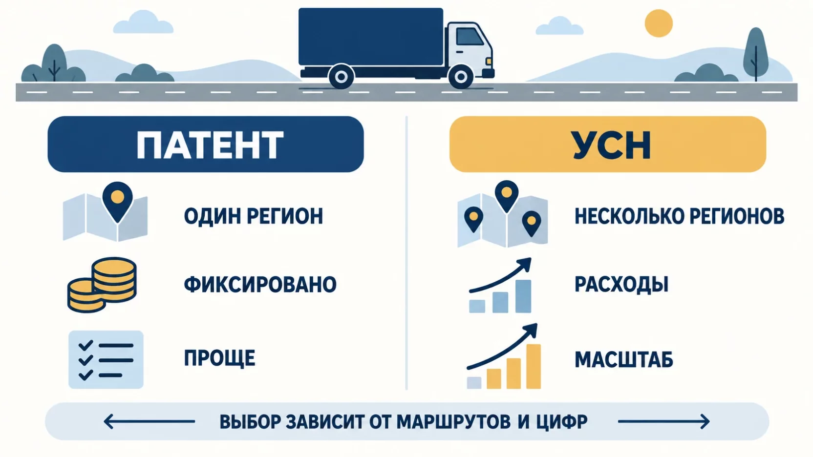 Инфографика: патент подходит для одного региона и простой фиксированной оплаты, УСН для нескольких регионов, учёта расходов и роста