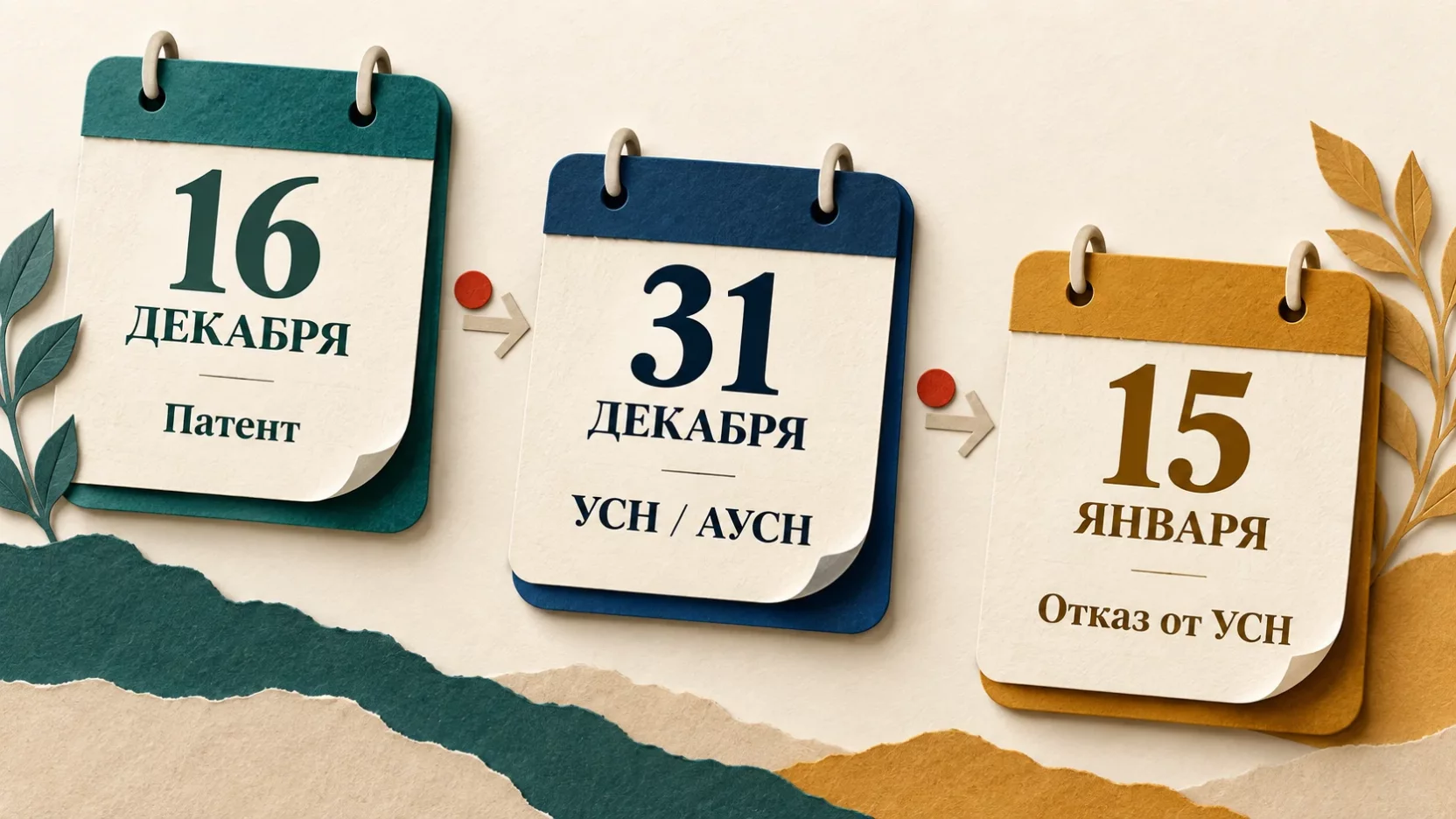 Инфографика: три крайних срока смены режима, 16 декабря для патента, 31 декабря для УСН и АУСН, 15 января для отказа от УСН