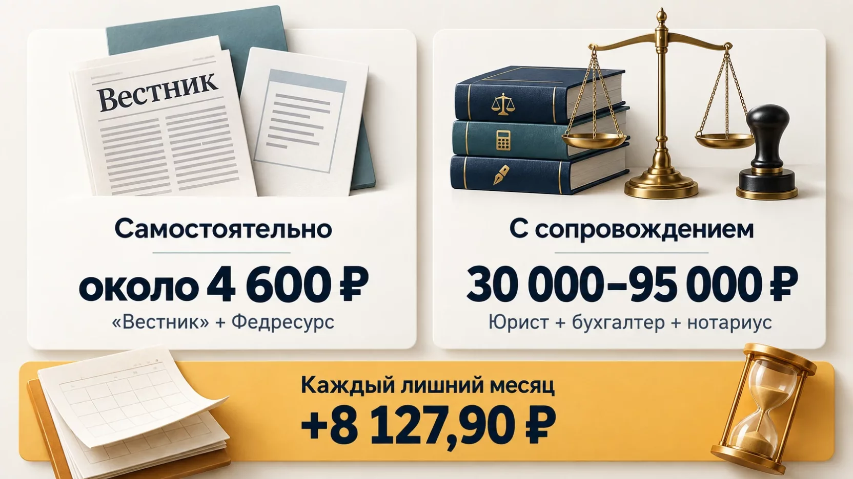Инфографика: ликвидация своими силами стоит около 4 600 рублей, с сопровождением от 30 000 до 95 000, каждый лишний месяц добавляет 8 127,90 рубля