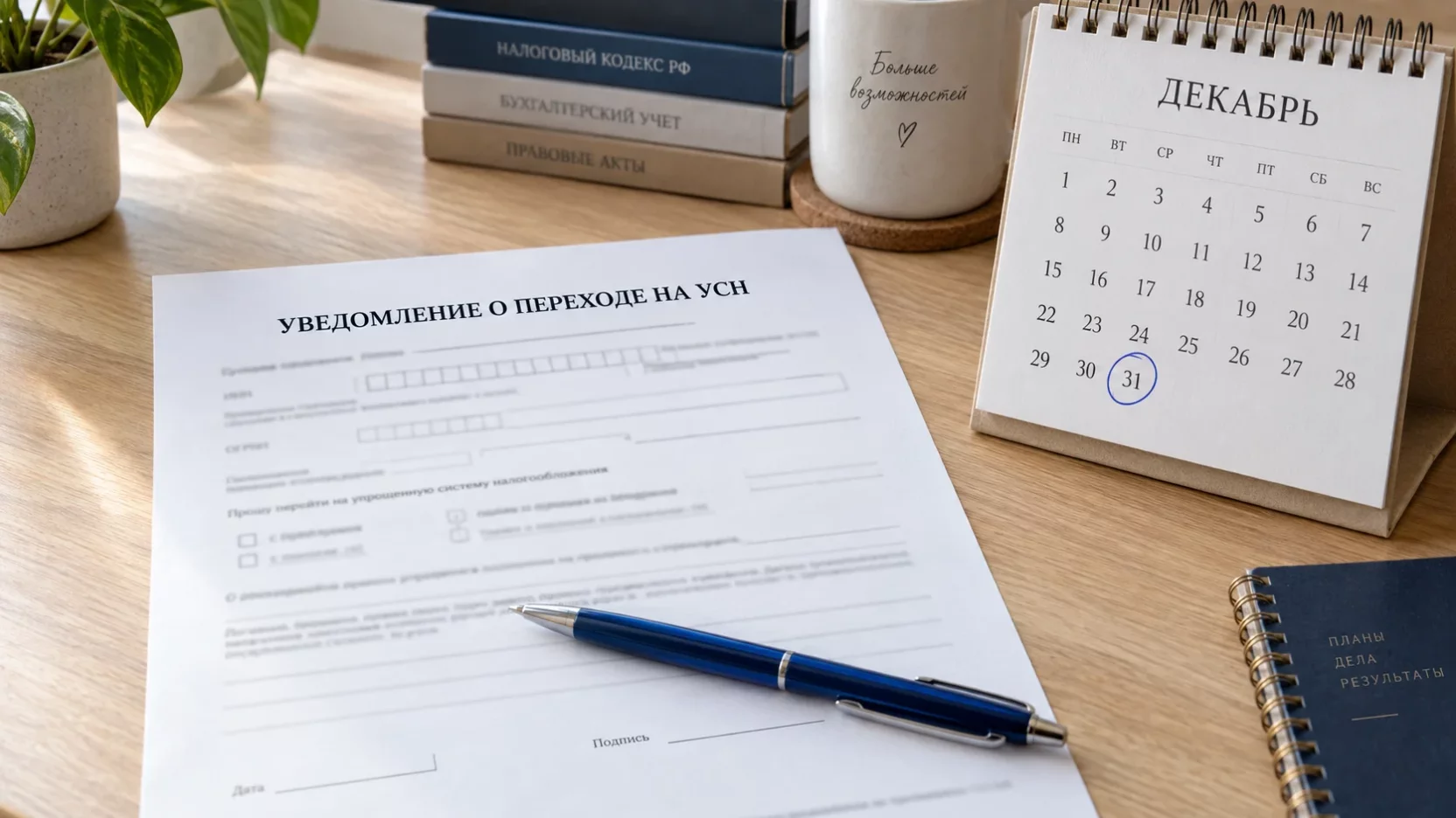 Заполненное уведомление о переходе на УСН и настольный календарь с обведённой датой 31 декабря на рабочем столе