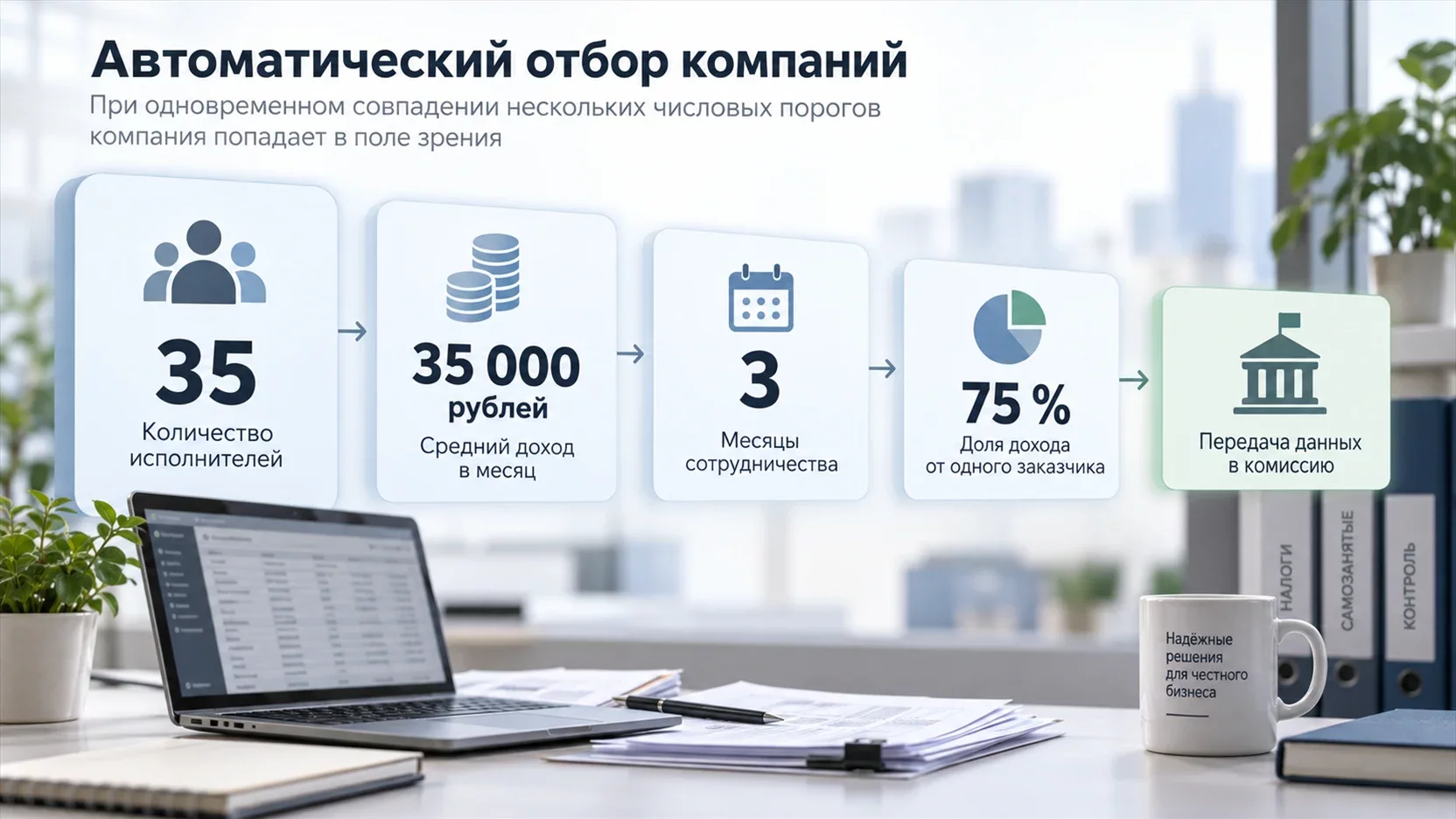 Инфографика: воронка отбора компаний с порогами 35 исполнителей, 35 тысяч рублей дохода, 3 месяца работы и 75 процентов дохода от одного заказчика