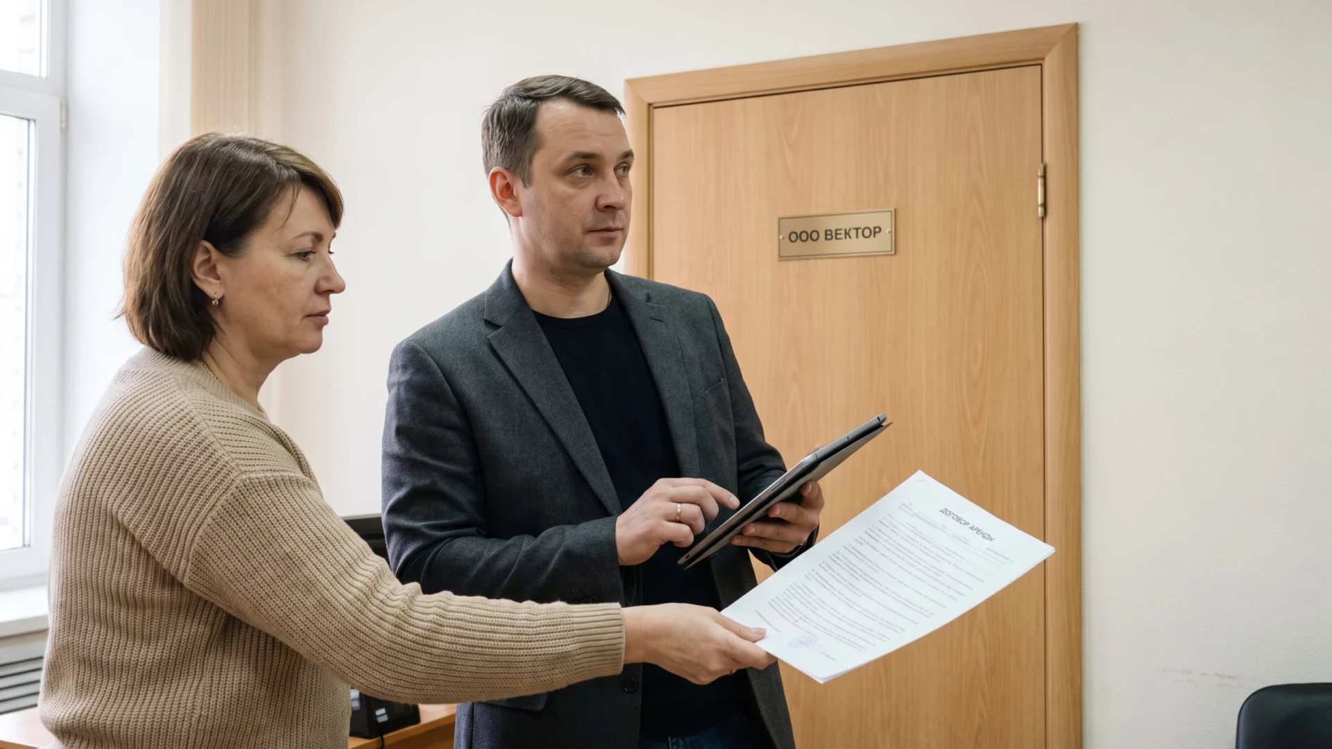 Сотрудник налоговой с планшетом осматривает офис, руководитель показывает договор аренды и табличку с названием компании