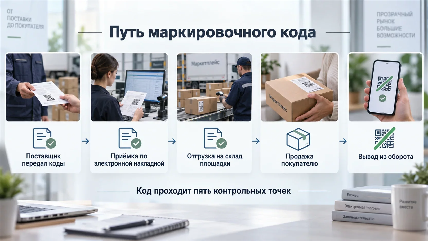 Инфографика: путь кода маркировки от поставщика через приёмку и отгрузку на склад площадки до вывода из оборота при доставке покупателю