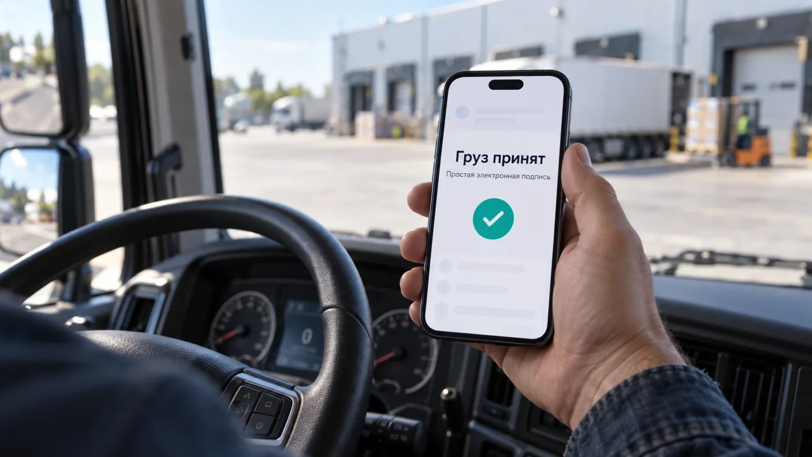 Водитель в кабине грузовика подтверждает приём груза в смартфоне простой электронной подписью, за стеклом склад и погрузчик