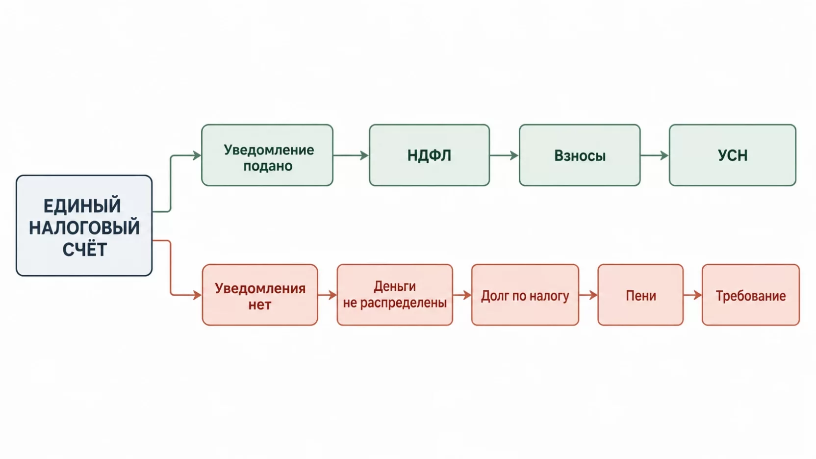 Инфографика: два пути денег на едином налоговом счёте, с корректным уведомлением платёж распределяется по налогам, без уведомления остаётся нераспределённым и приводит к пеням и требованию