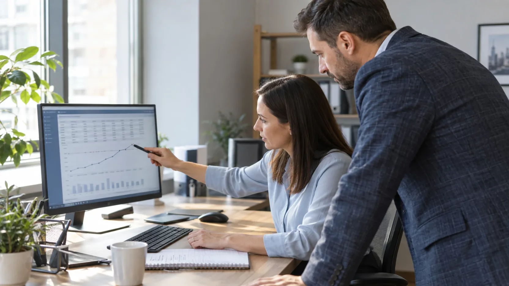 Бухгалтер показывает владельцу бизнеса на мониторе график накопленной выручки, подходящей к линии лимита