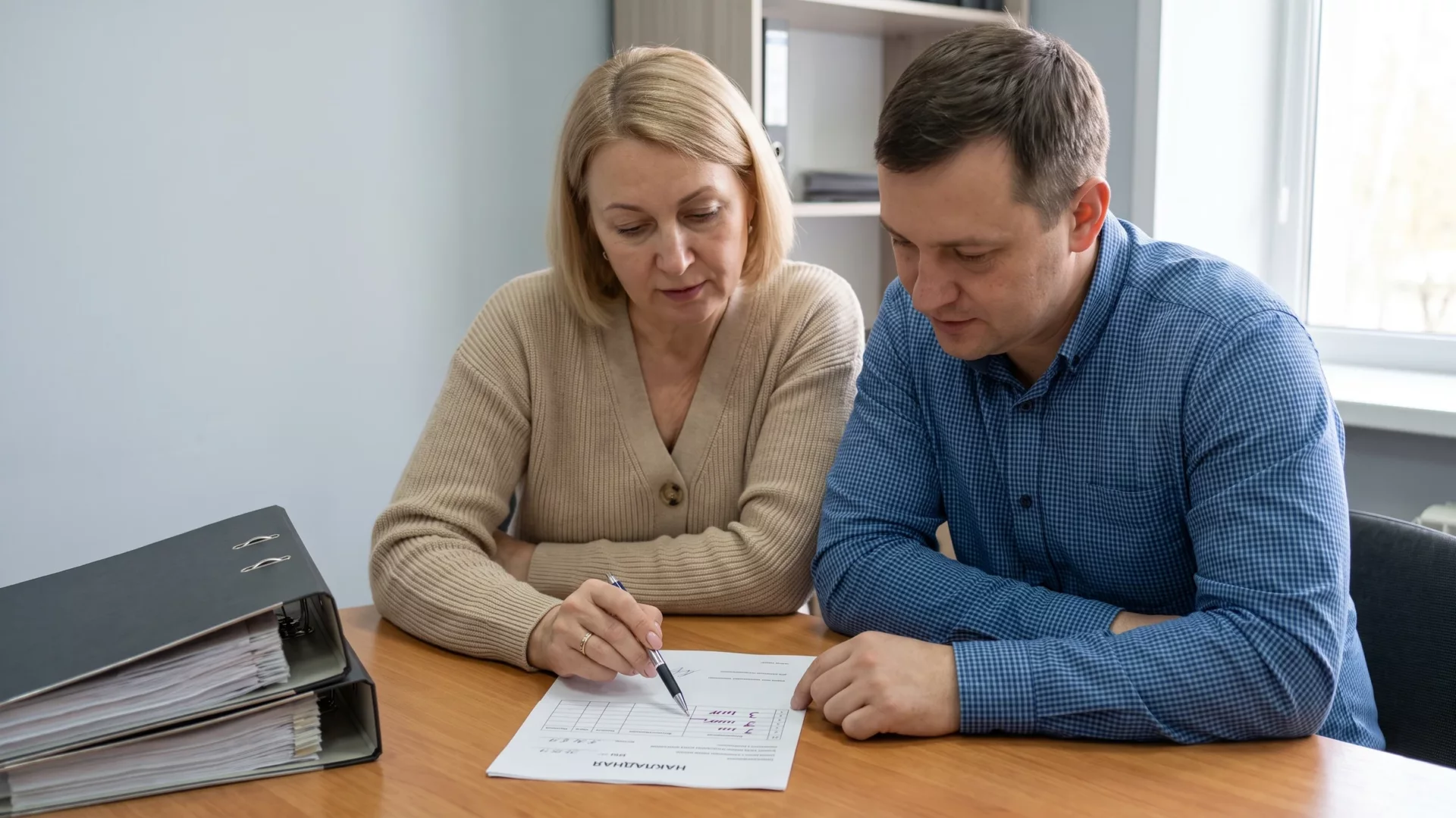 Бухгалтер показывает владельцу бизнеса ручкой исправленную строку в товарной накладной, рядом папки-регистраторы