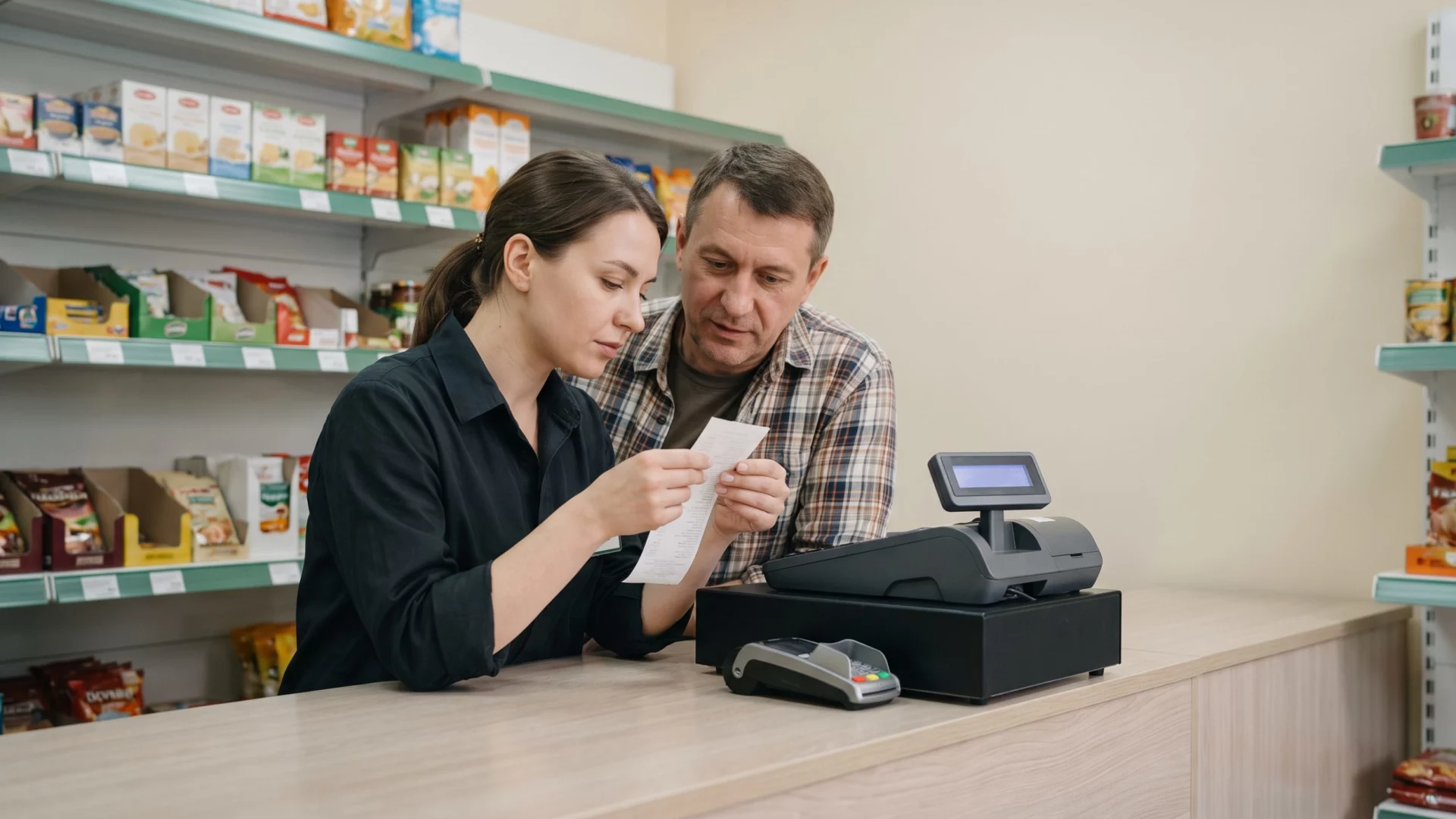 Продавец за прилавком проверяет пробный кассовый чек со строкой ставки НДС, рядом владелец магазина