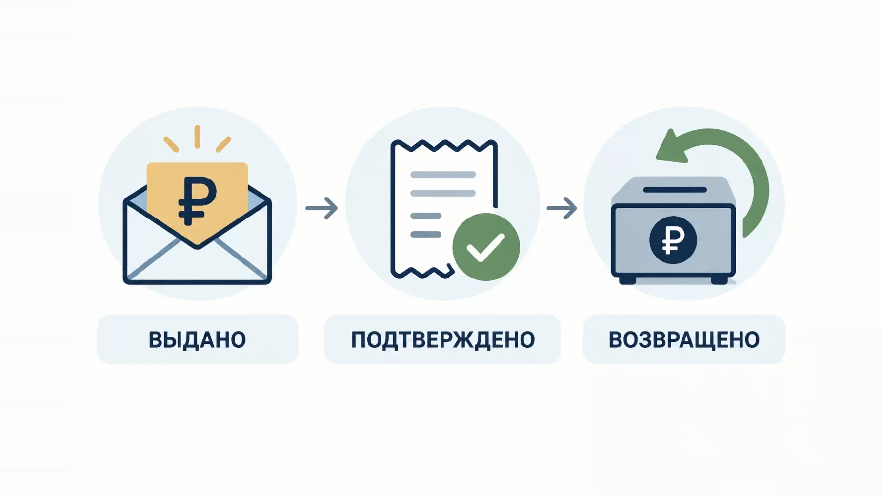 Инфографика: три шага подотчётных денег, сумма выдана, расход подтверждён чеком, остаток возвращён в кассу