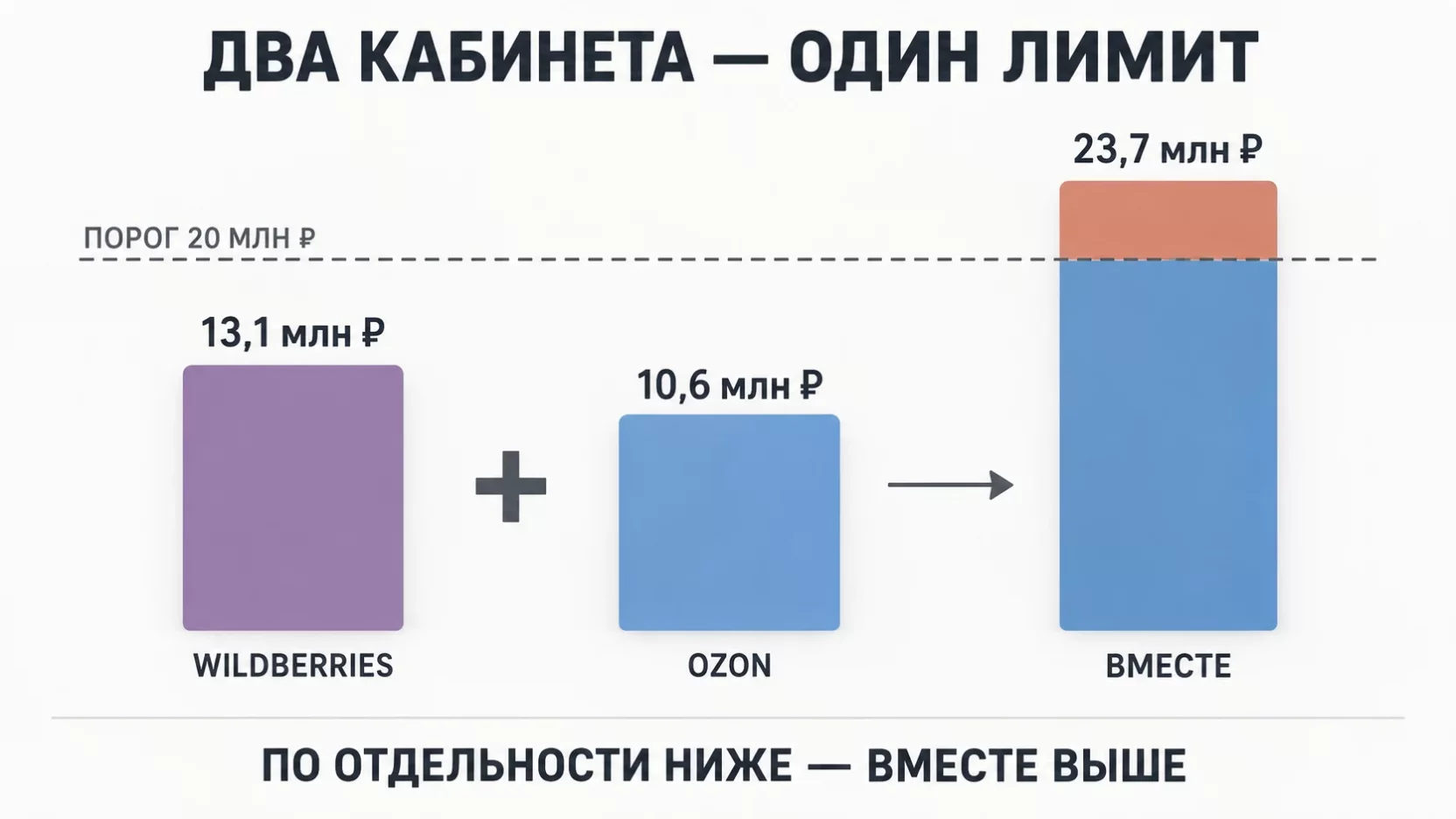 Инфографика: сложение годовых продаж Wildberries 13,1 млн и Ozon 10,6 млн, где сумма 23,7 млн пересекает линию порога 20 млн