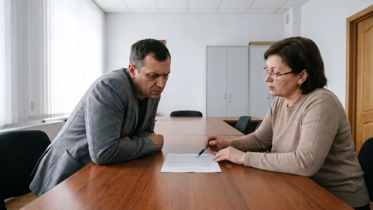 Владелец бизнеса и бухгалтер за столом переговорной изучают распечатанное требование налоговой