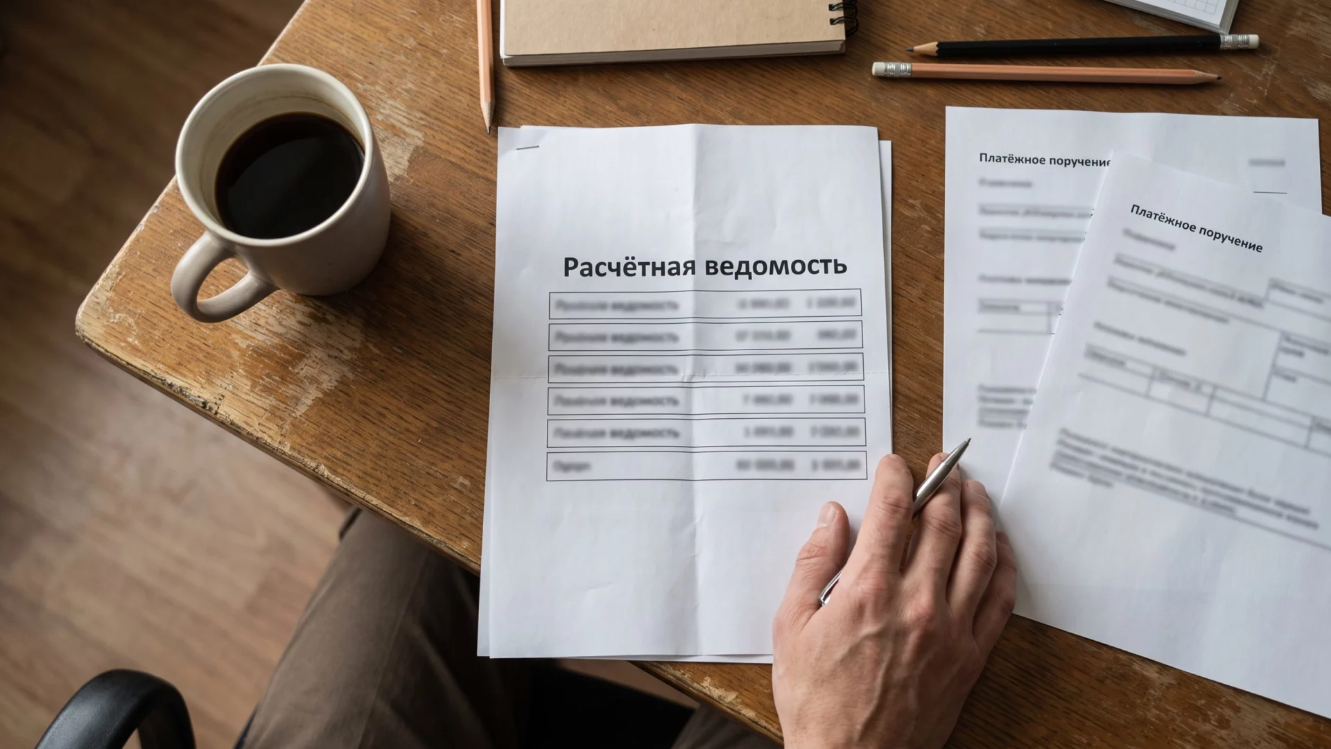 Расчётная ведомость на пять сотрудников и два платёжных поручения лежат на столе рядом с чашкой кофе