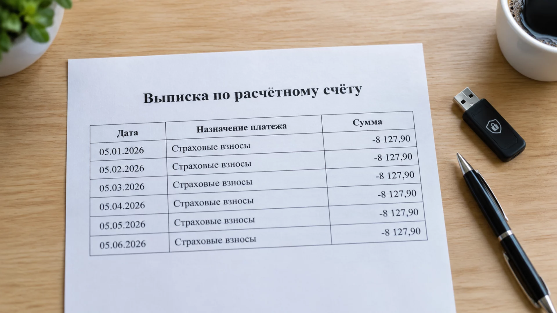 Банковская выписка спящей компании с одинаковыми ежемесячными списаниями взносов, рядом носитель электронной подписи