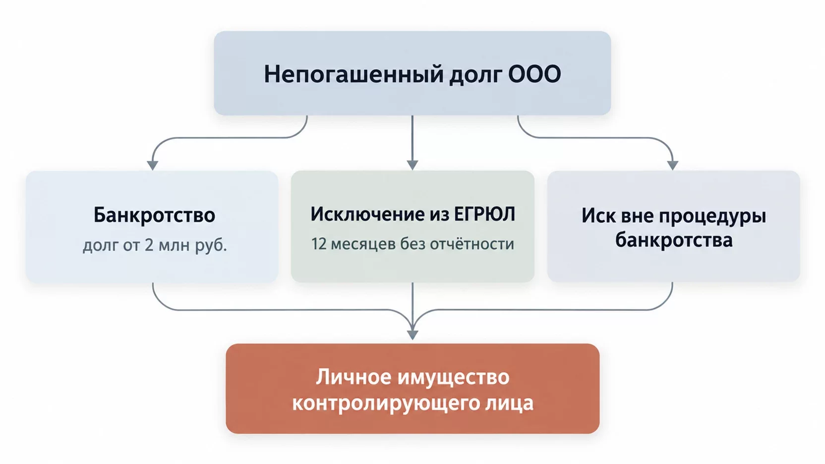 Инфографика: три пути перехода долга ООО на личное имущество через банкротство, исключение из ЕГРЮЛ и иск вне процедуры