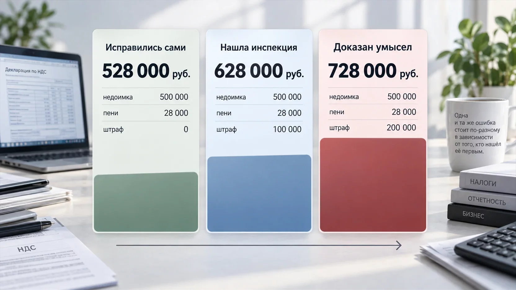 Инфографика: сравнение трёх сценариев с суммами 528 000, 628 000 и 728 000 рублей при занижении НДС на 500 тысяч