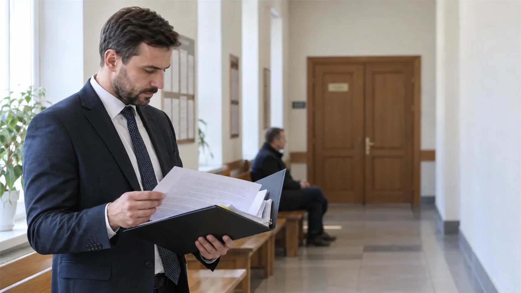 Представитель компании с папкой документов ждёт заседания в коридоре районного суда