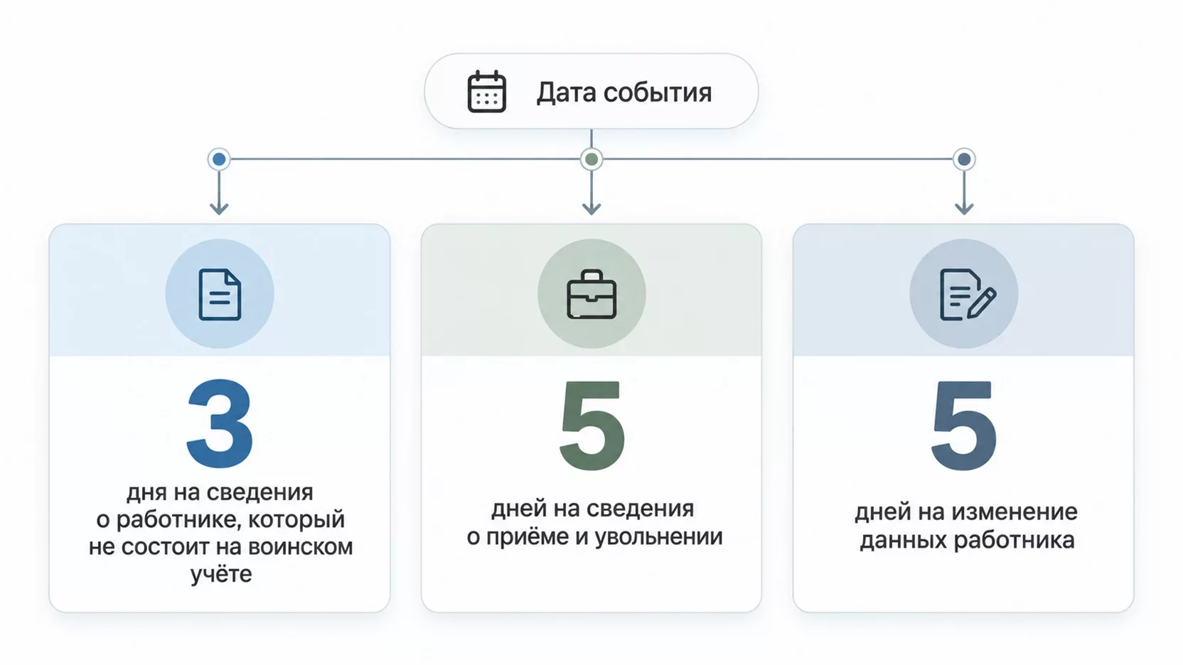 Инфографика: три срока подачи сведений в военкомат, три дня на неучтённого работника и по пять дней на приём, увольнение и изменение данных