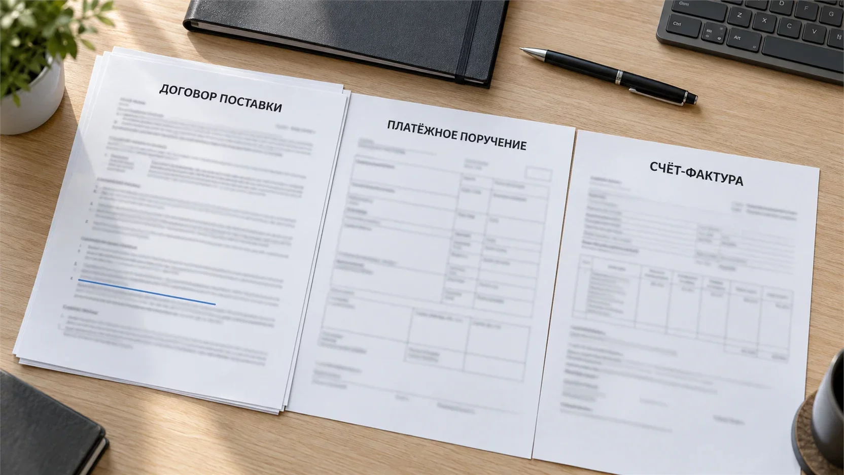 Договор поставки с разделом о предоплате, платёжное поручение и счёт-фактура на аванс разложены на рабочем столе