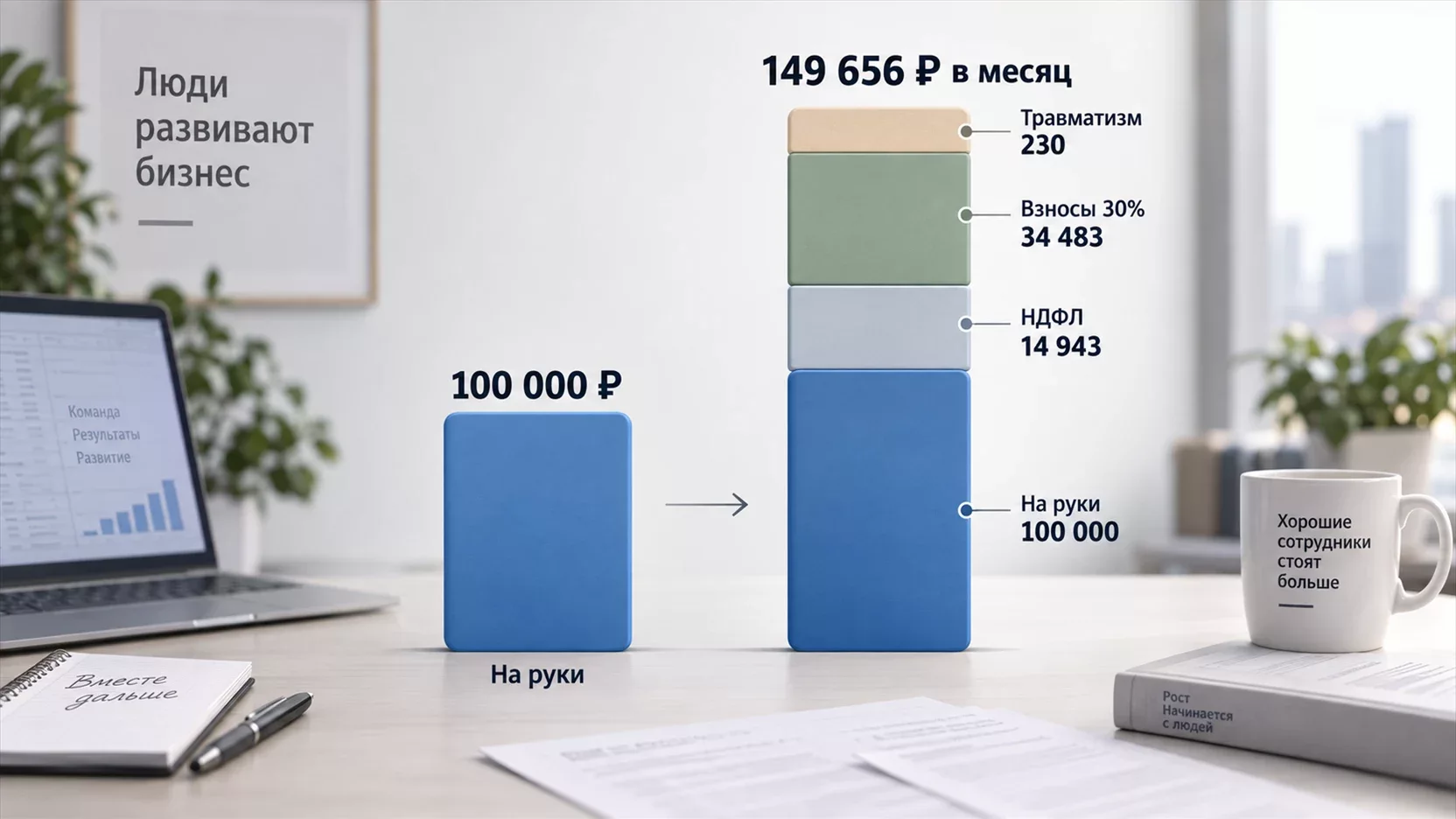 Инфографика: как зарплата 100 тысяч рублей на руки превращается в 149 656 рублей расходов работодателя с учётом НДФЛ и взносов