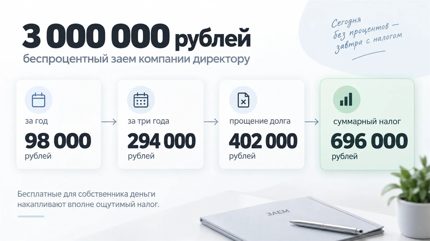 Инфографика: во что обходится беспроцентный займ 3 млн рублей директору за год, за три года и при прощении долга