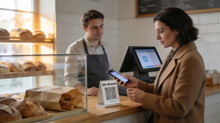 Покупательница в пекарне оплачивает заказ телефоном, наводя камеру на QR-код у кассы, продавец ждёт подтверждения на экране