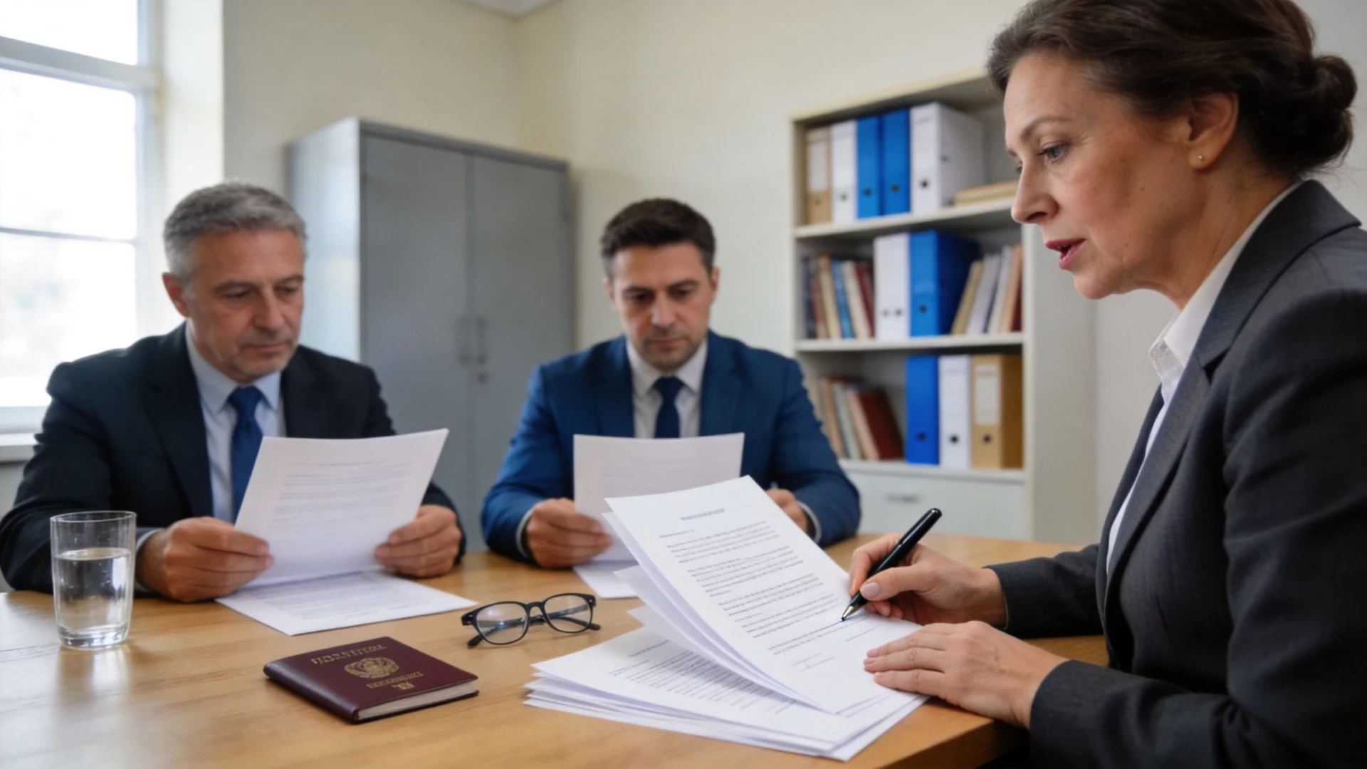 Продавец и покупатель компании сидят у нотариуса, нотариус зачитывает договор отчуждения доли перед подписанием